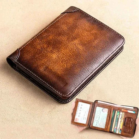 Men's Wallets RFID Blocking Genuine Leather Trifold Business Short Purse Wallet for Men with ID Window and Credit Card Holder